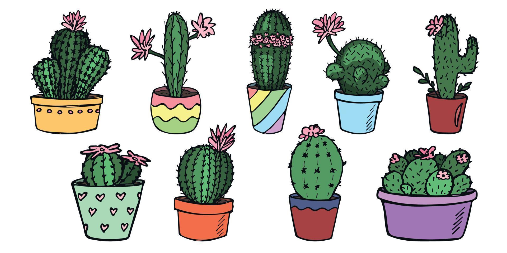 set van schattige handgetekende eenvoudige cactus. kamerplant in een pot clipart. cactussen illustratie. gezellige huiskrabbel. vector