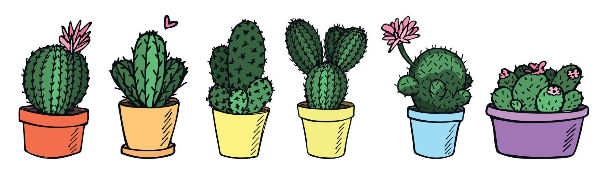 set van schattige handgetekende eenvoudige cactus. kamerplant in een pot clipart. cactussen illustratie. gezellige huiskrabbel. vector