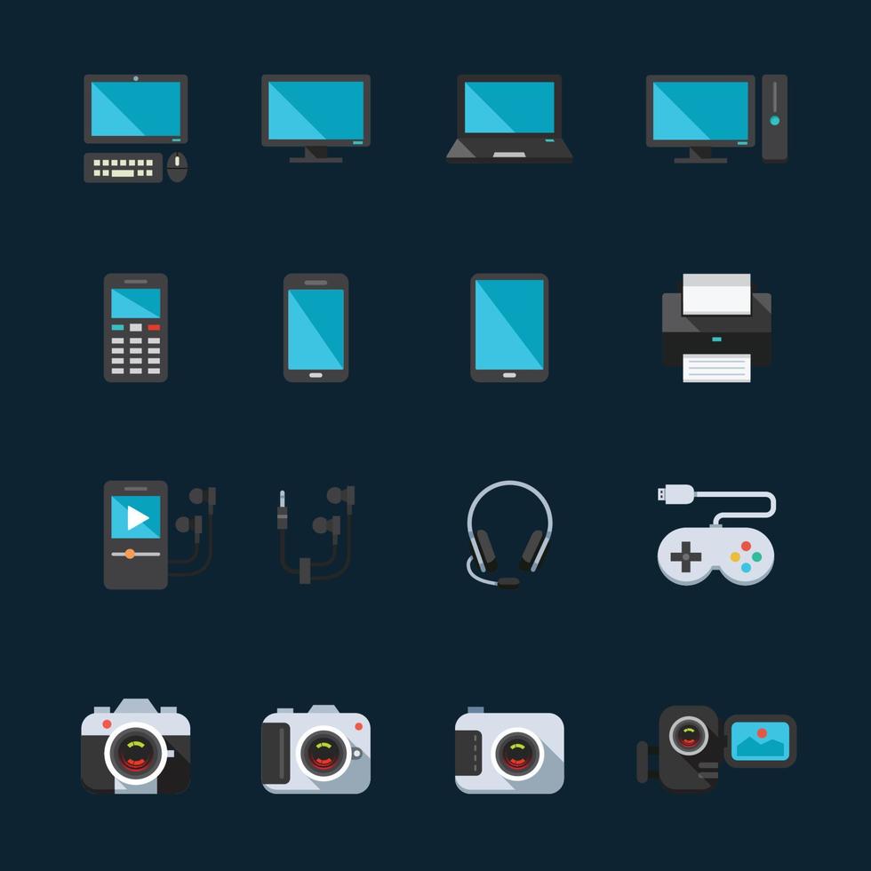 elektronische apparaten, computer, telefoon en camerapictogrammen met zwarte achtergrond vector