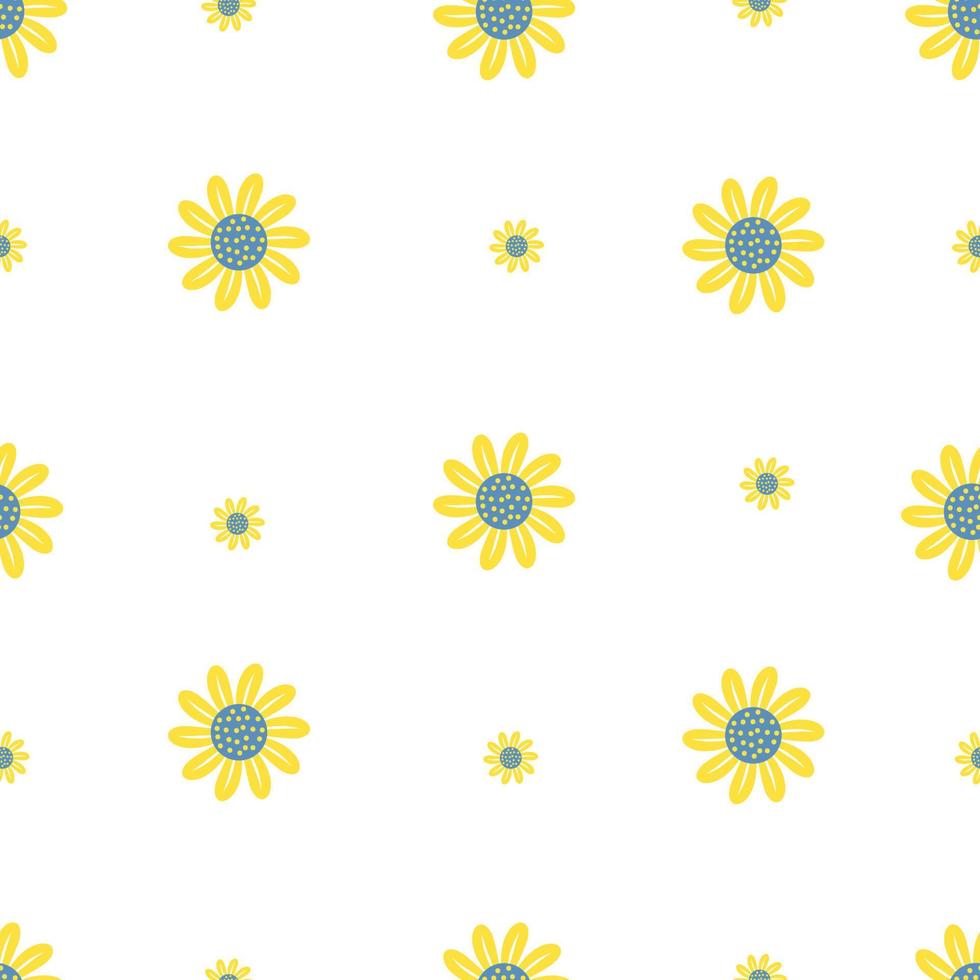 naadloze bloemmotief. decoratieve gele bloem op witte achtergrond. vectorillustratie. botanisch eenvoudig patroon met zonnebloemen voor decoratie, ontwerp, verpakking, behang, textiel en papier vector