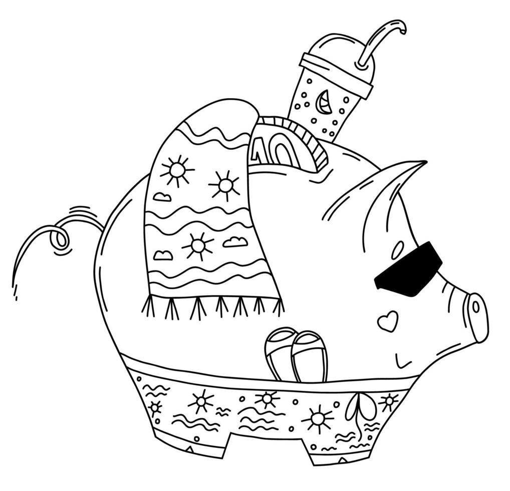 schattig zomervarkens spaarvarken. vectorillustratie in de hand doodle. varken spaarvarken met munt in zonnebril in strandkleding met handdoek en cocktail. omtrek, lineaire schets van karakter voor ontwerp en decor vector