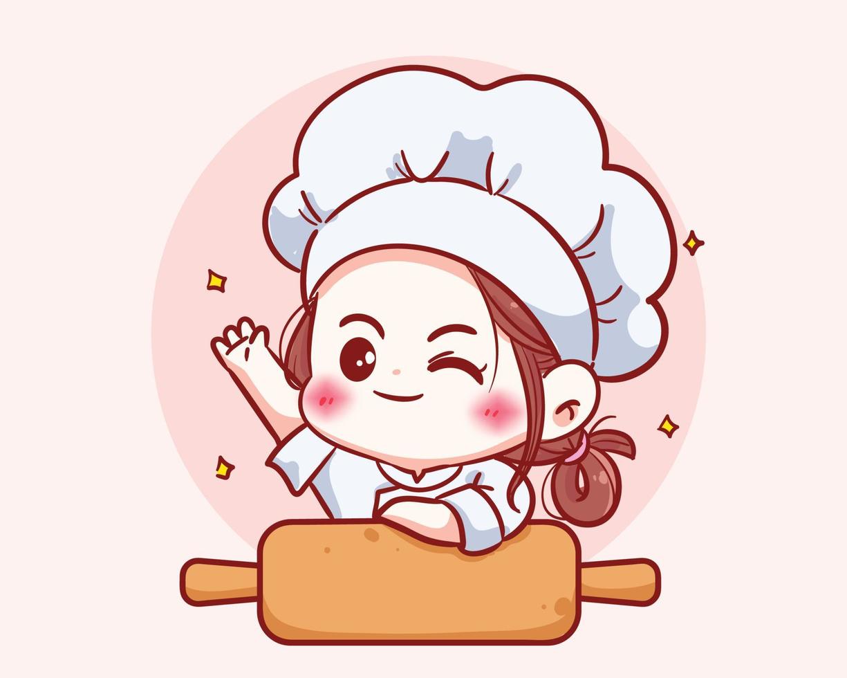 schattig chef-kok meisje in uniform karakter houdt hand vast en glimlacht voedsel restaurant logo cartoon kunst illustratie vector