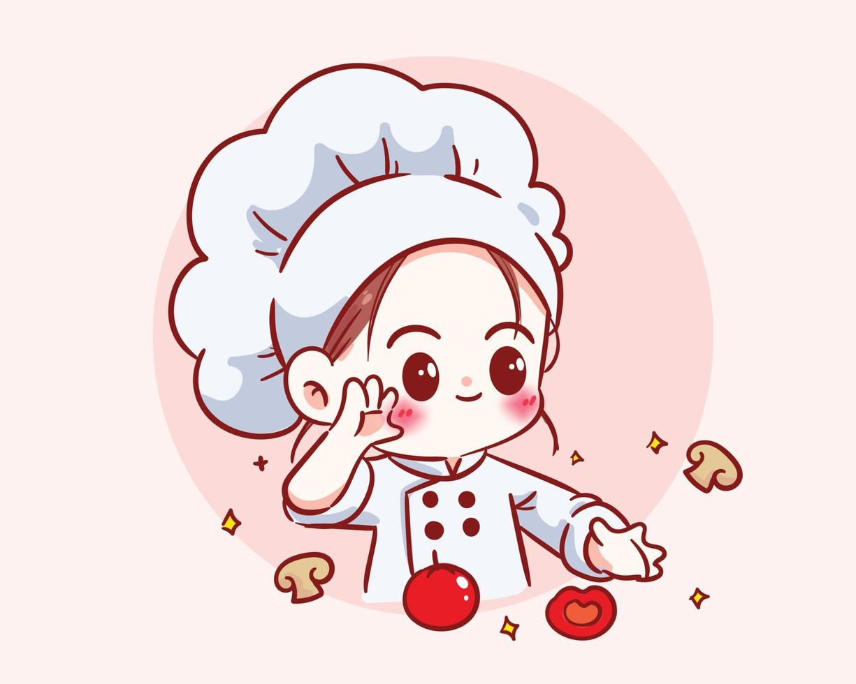 schattig chef-kok meisje in uniform karakter glimlachend en kokend eten restaurant logo cartoon kunst illustratie vector
