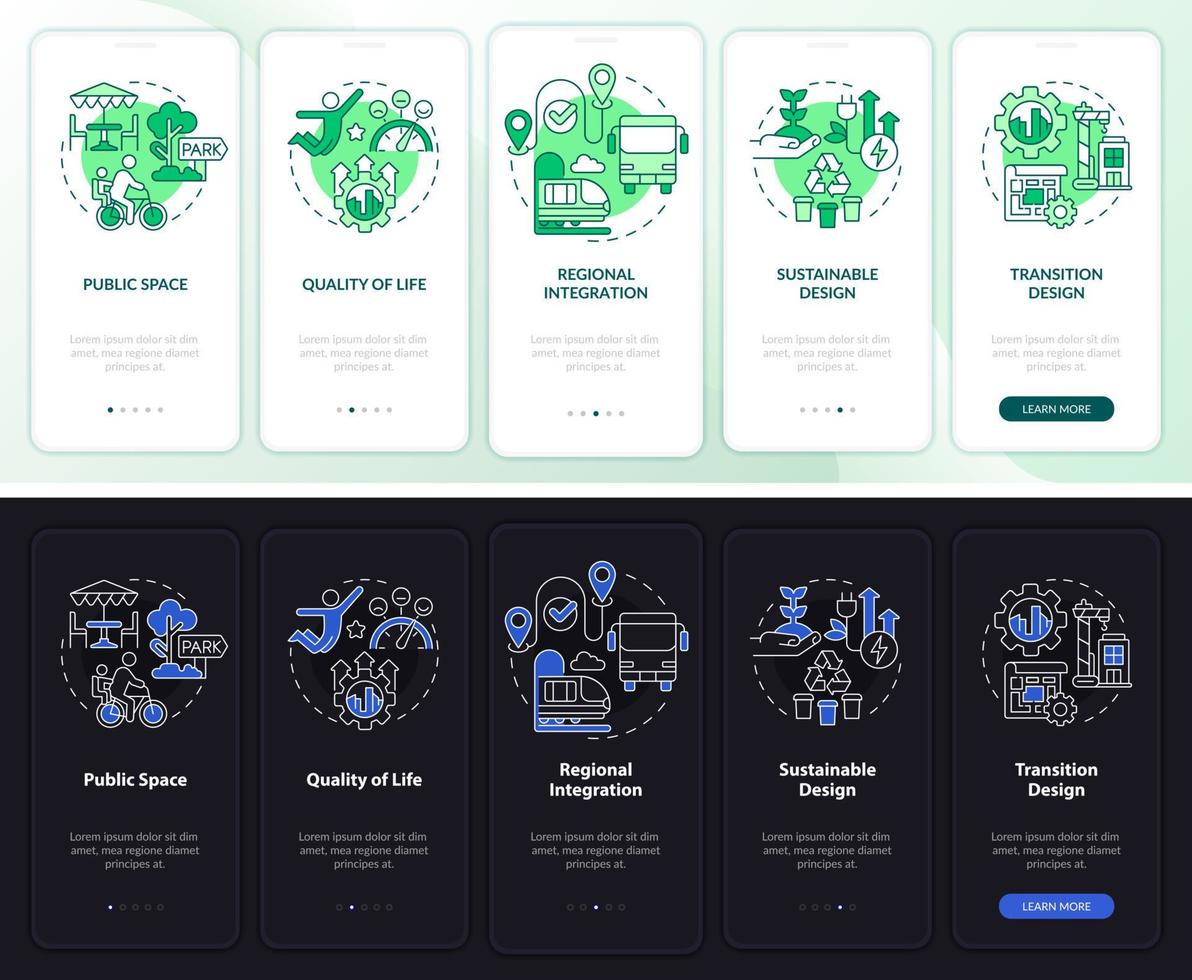 stadsontwerpprincipes nacht- en dagmodus onboarding mobiele app-scherm. walkthrough 5 stappen grafische instructiepagina's met lineaire concepten. ui, ux, gui-sjabloon. vector