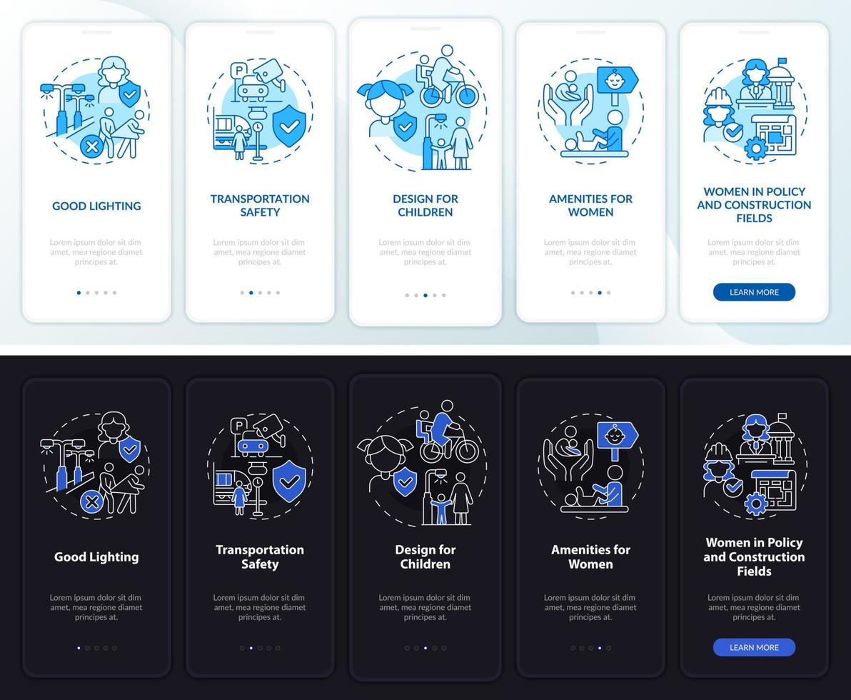 stad voor vrouwen en kinderen nacht- en dagmodus onboarding mobiele app-scherm. walkthrough 5 stappen grafische instructiepagina's met lineaire concepten. ui, ux, gui-sjabloon. vector