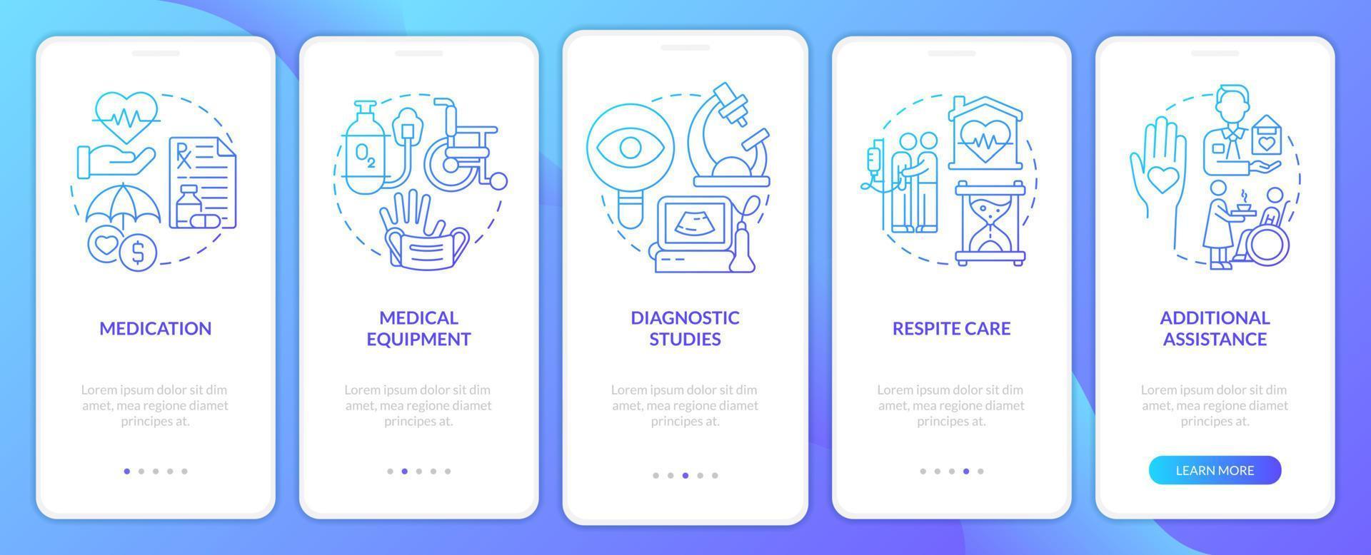 hospice zorgdiensten blauwe gradiënt onboarding mobiele app-scherm. gezondheidsoverzicht 5 stappen grafische instructiepagina's met lineaire concepten. ui, ux, gui-sjabloon. vector