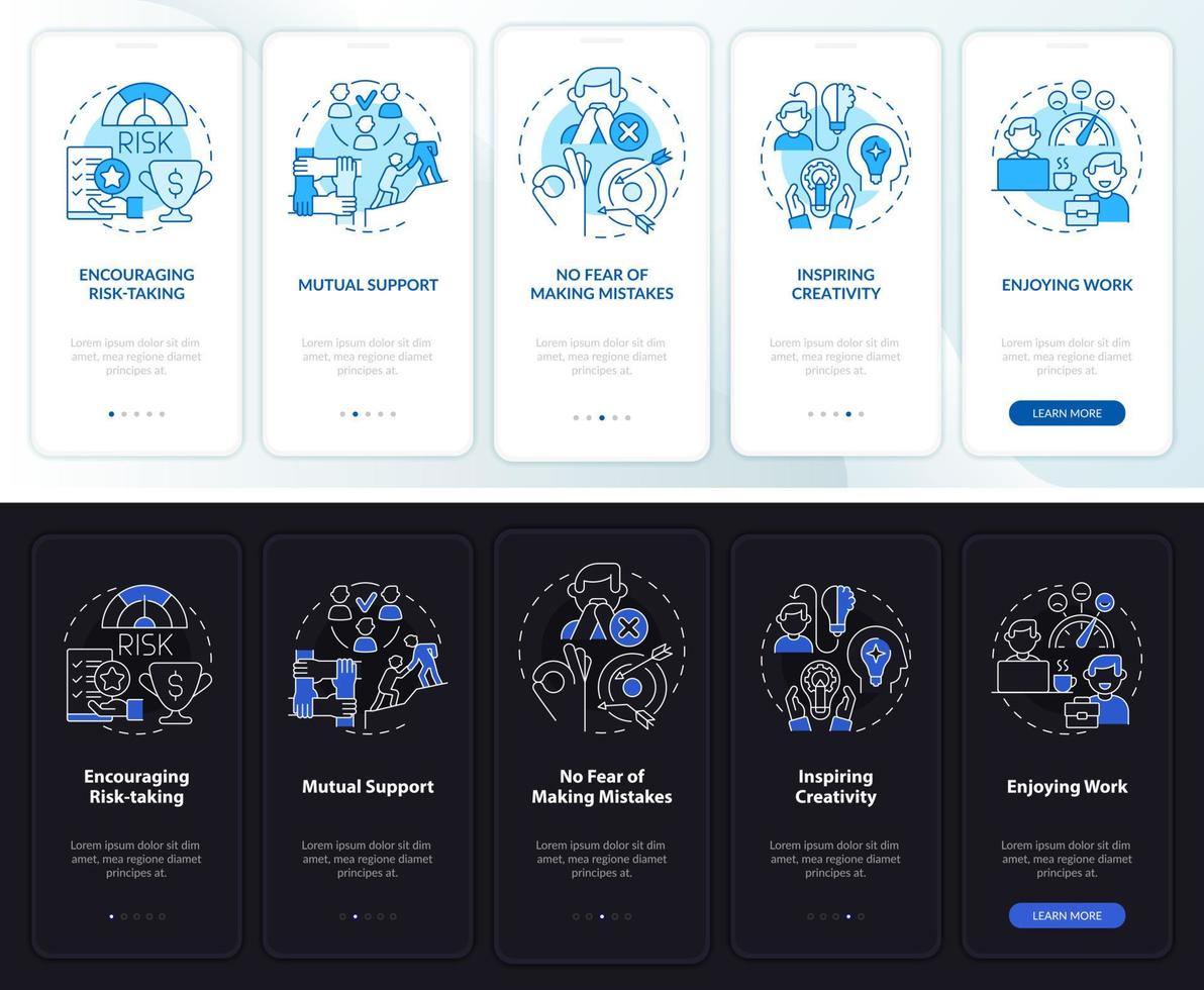 medewerkerstevredenheid nacht- en dagmodus onboarding mobiele app-scherm. walkthrough 5 stappen grafische instructiepagina's met lineaire concepten. ui, ux, gui-sjabloon. vector