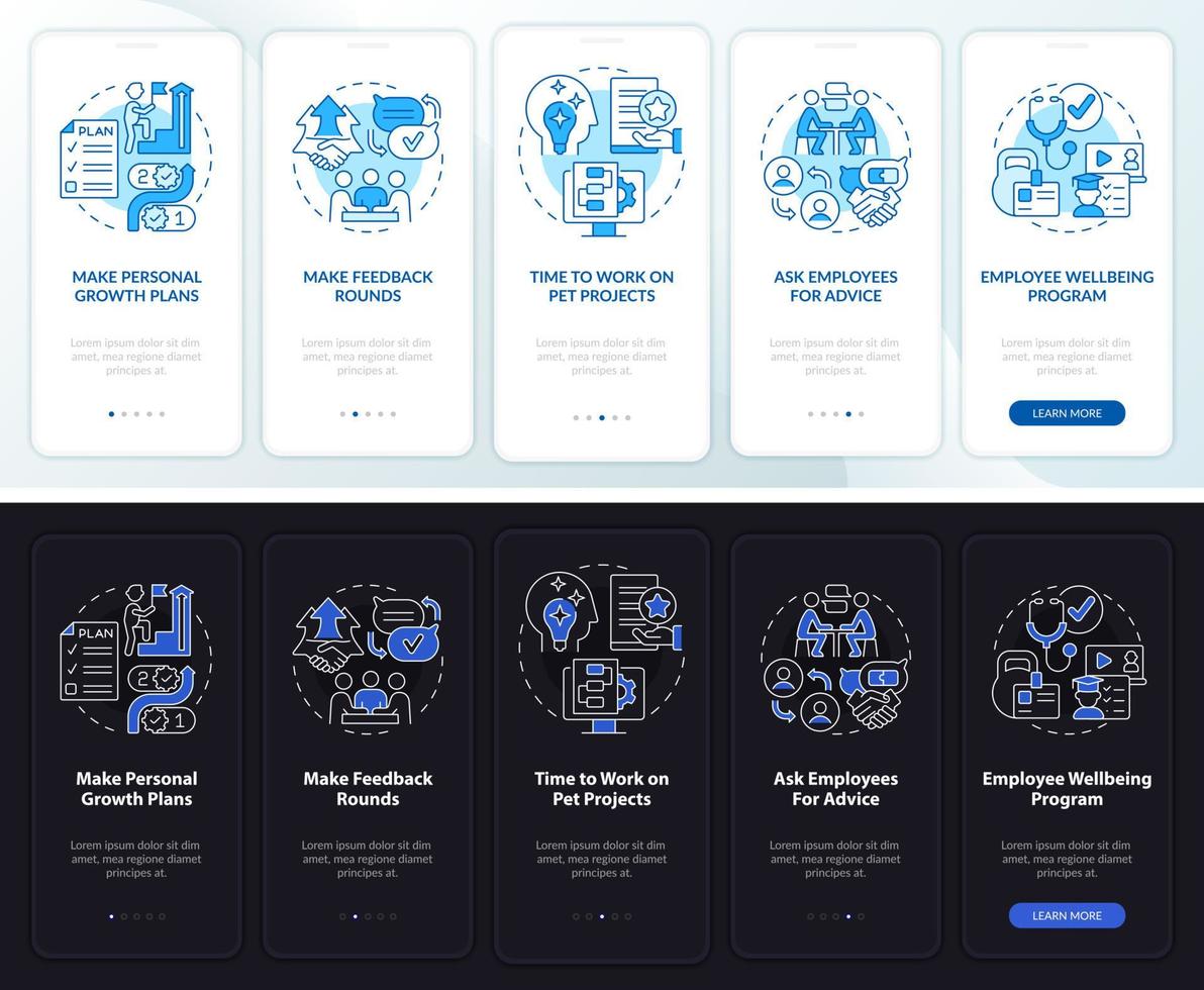 werknemer stimulatie nacht- en dagmodus onboarding mobiele app-scherm. walkthrough 5 stappen grafische instructiepagina's met lineaire concepten. ui, ux, gui-sjabloon. vector