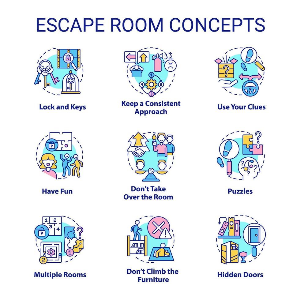 escape room concept pictogrammen instellen. puzzeloplossend avontuur idee dunne lijn kleurenillustraties. slot en sleutels. gebruik aanwijzingen. geïsoleerde symbolen. bewerkbare streek. vector