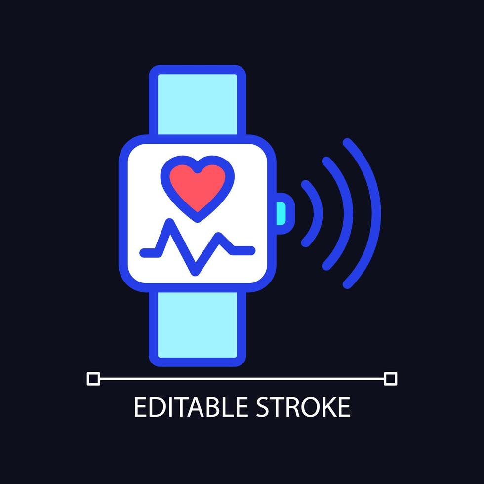 hartslagmonitoring pixel perfect rgb-kleurenpictogram voor donker thema. pulscontrole op smartwatch-app. eenvoudige gevulde lijntekening op de achtergrond van de nachtmodus. bewerkbare streek. vector