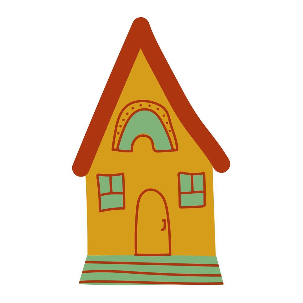 kinderachtig huis in eenvoudige handgetekende stijl. kleurrijke gebouw van stad of dorp. vector handgetekende illustratie geïsoleerd op wit voor kinderen design