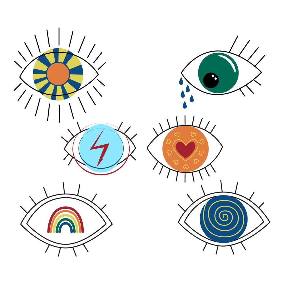 set van minimalistische esoterische ogen mystieke symbool in het oog met zon tranen flash hart, regenboog spiraal oogbol vectorillustratie geïsoleerd op wit vector