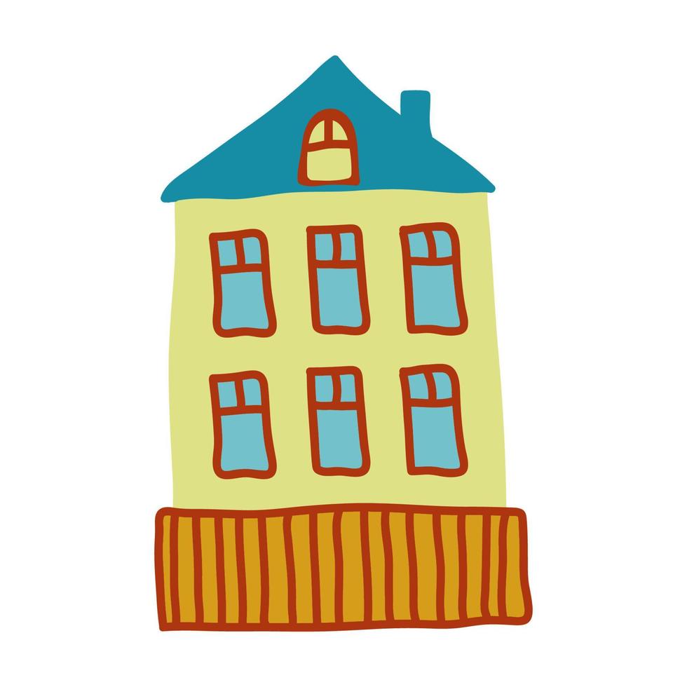 kinderachtig huis in eenvoudige handgetekende stijl. kleurrijke gebouw van stad of dorp. vector handgetekende illustratie geïsoleerd op wit voor kinderen design
