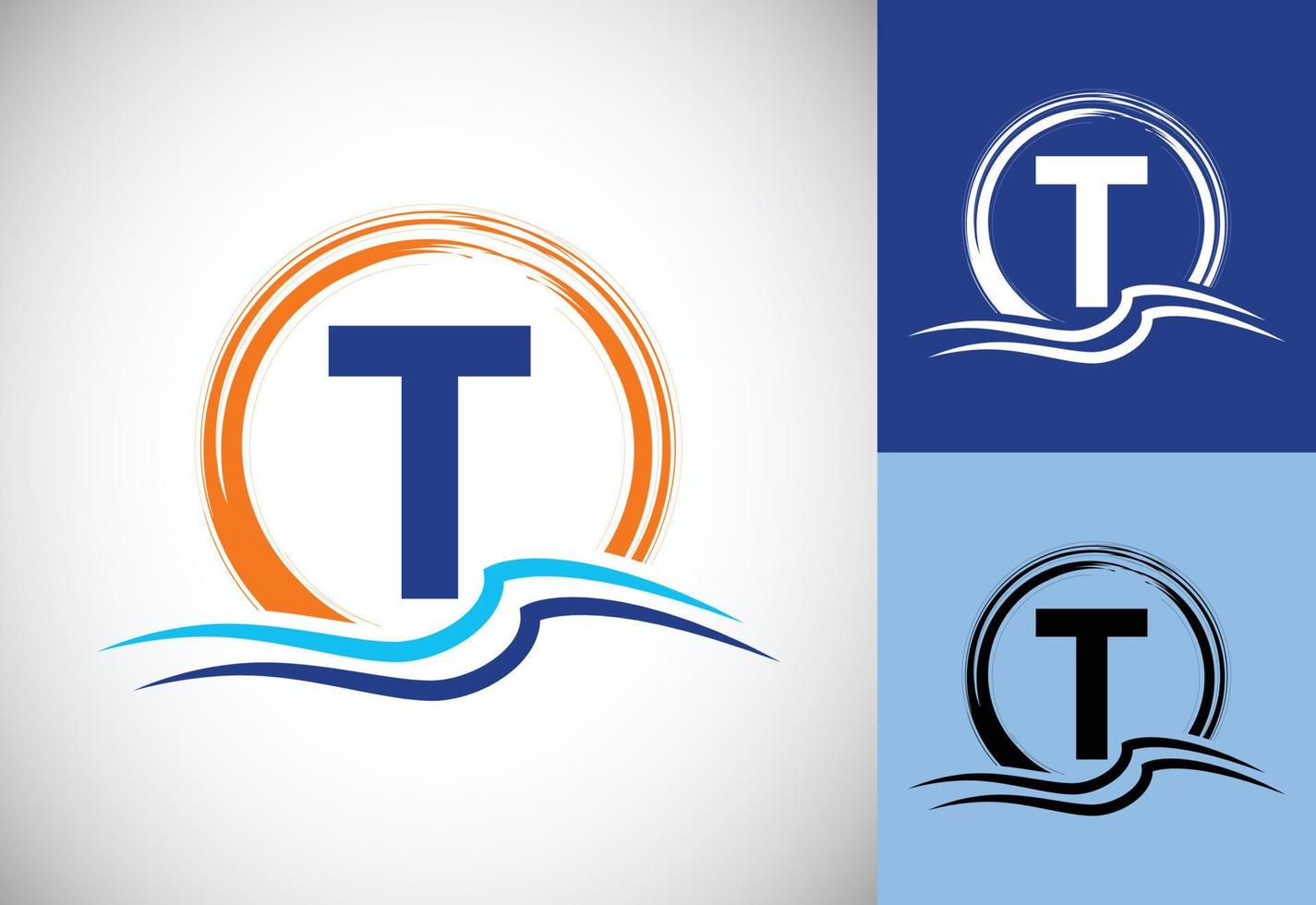 aanvankelijke t-monogrambrief met water oceaangolven en de zon. strand logo ontwerpconcept vector