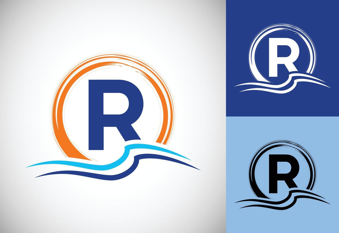 aanvankelijke r-monogrambrief met water oceaangolven en de zon. strand logo ontwerpconcept vector