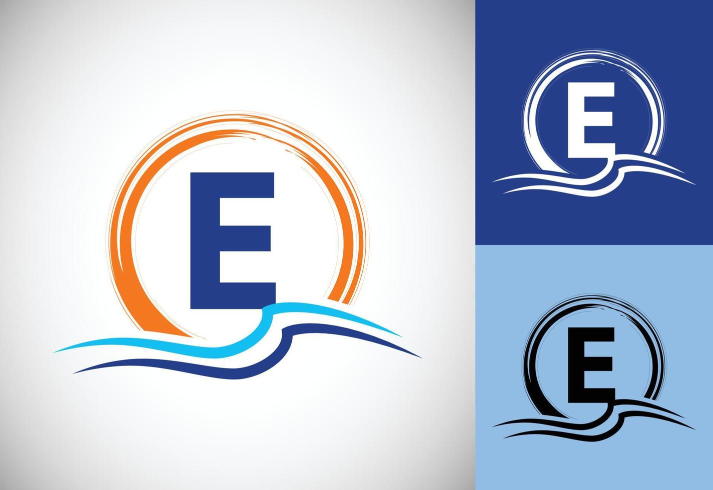 aanvankelijke e-monogrambrief met water oceaangolven en de zon. strand logo ontwerpconcept vector