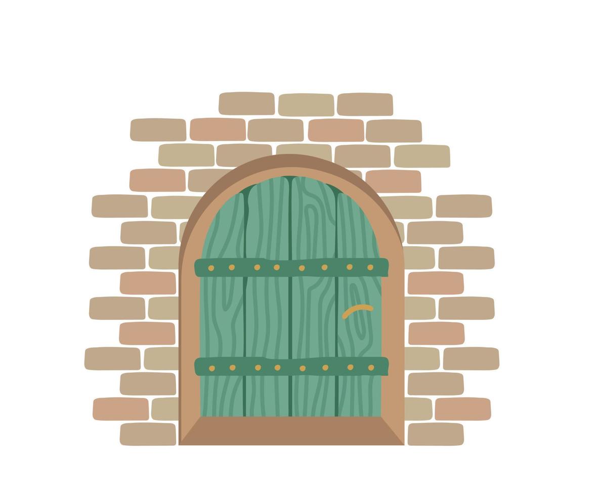 oude turkooiskleurige houten deur en een bakstenen muur. vector fantastische vintage illustratie voor ontwerp of decor.