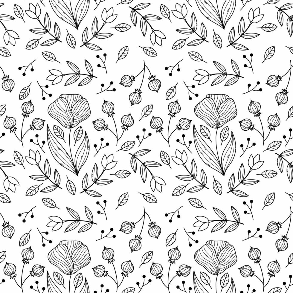 naadloos patroon met bloemenornament. bloemen en twijgen op een witte achtergrond. behang voor het naaien van kleding en het bedrukken van stof. vector