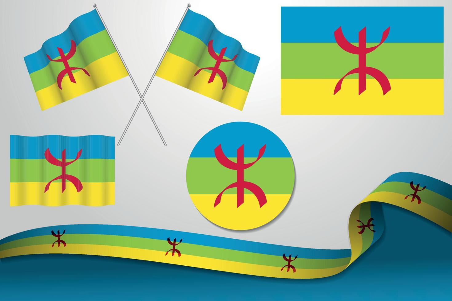 set van berber, amazigh vlaggen in verschillende ontwerpen, pictogram, vlaggen en lint met achtergrond villen. vector