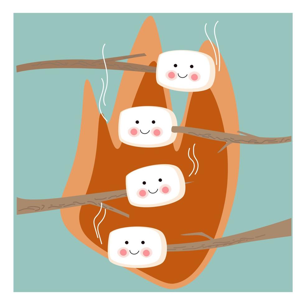 marshmallow roosteren, smores.cartoon vectorillustratie in vlakke stijl. vector