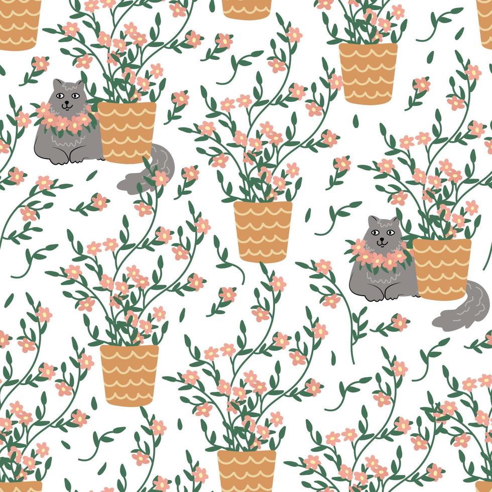 katten in de tuin met bloeiende planten naadloos patroon. hand getekend platte vectorillustratie. potplanten en huisdieren. geweldig voor stoffen, inpakpapier, behang, covers. vector