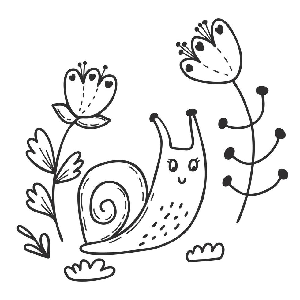 schattige tuinslak met decoratieve bloemen en gras. lineaire hand getrokken doodle. grappig weekdier slakkenhuis. vectorillustratie. vector