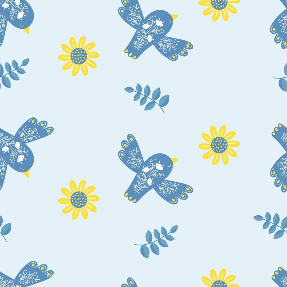 naadloos patroon met mooie decoratieve blauwe vogel, tak en zonnebloem op lichtblauwe achtergrond. vectorillustratie voor decor, ontwerp, behang, inpakpapier, textiel en print vector