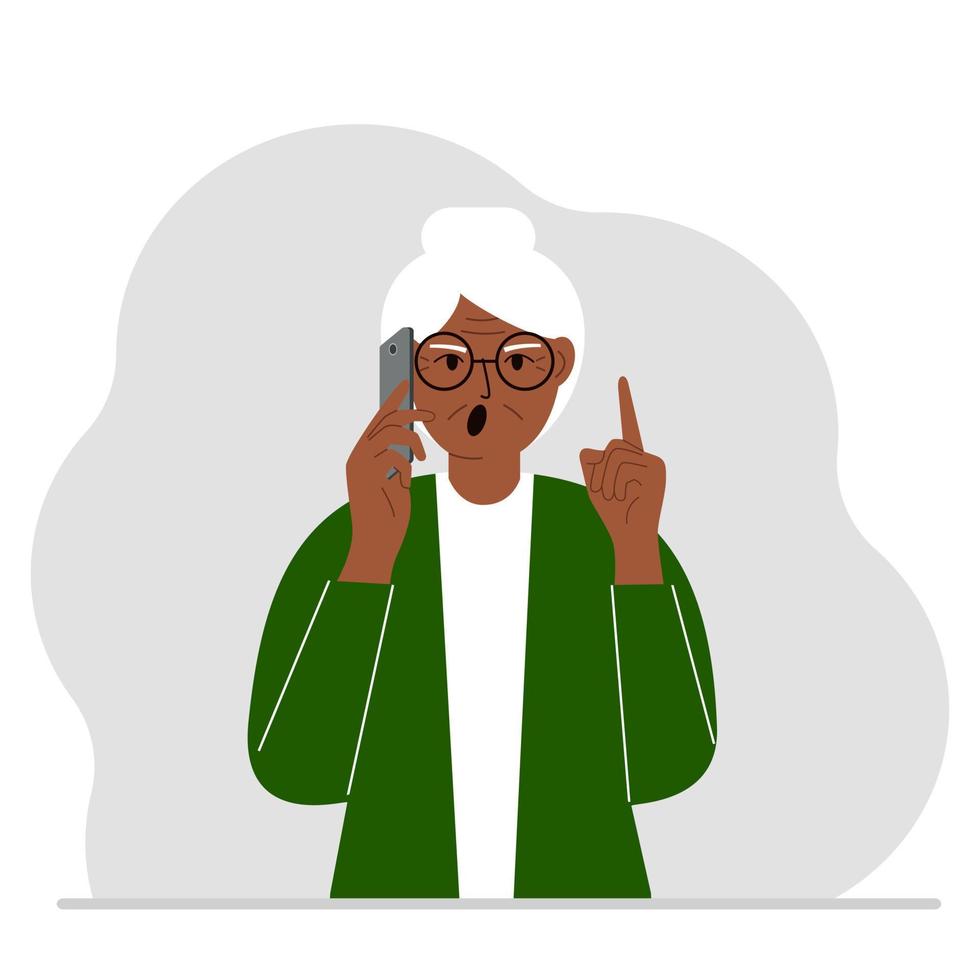 schreeuwende grootmoeder praten op een mobiele telefoon met emoties. de ene hand met de telefoon en de andere met een wijsvinger omhoog gebaar. platte vectorillustratie vector