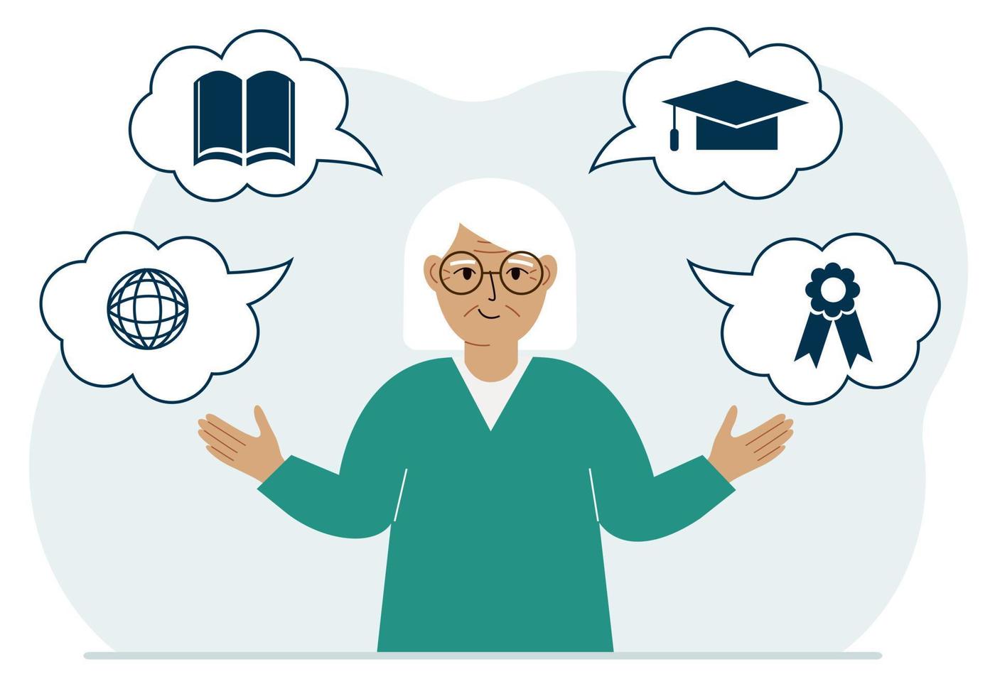 gelukkige grootmoeder met gedachten over leren. internetberoep, hoger onderwijs, beurs, financiële geletterdheid. verschillende pictogrammen over onderwijs. platte vectorillustratie vector
