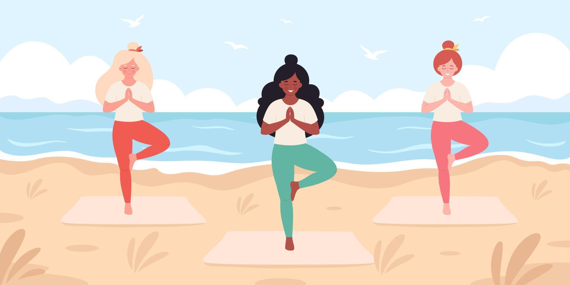 vrouwen die yoga doen op het strand. hallo zomer, zomer vrije tijd, vakantie, gezonde levensstijl vector