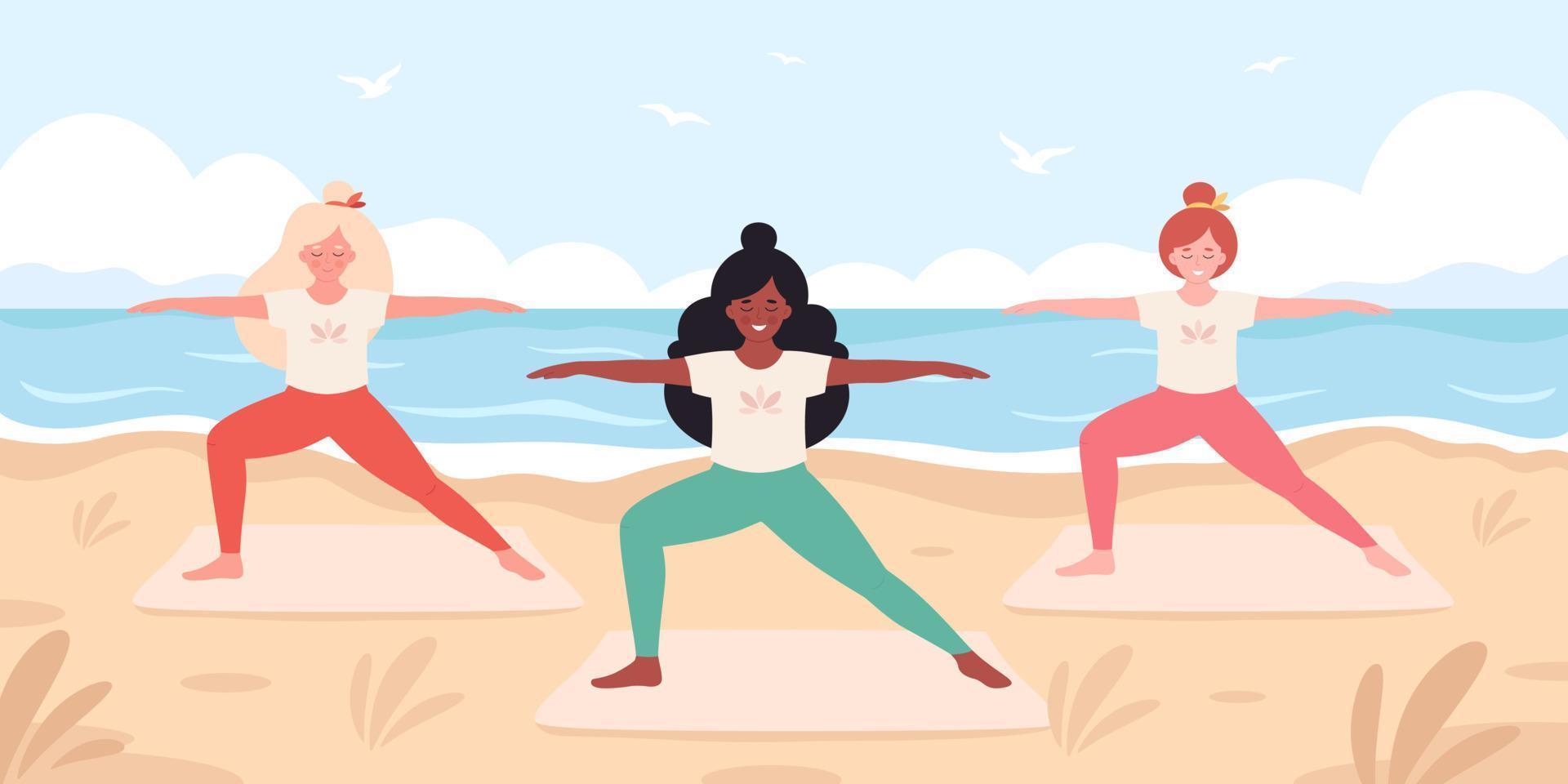 vrouwen die yoga doen op het strand. hallo zomer, zomer vrije tijd, vakantie, gezonde levensstijl vector