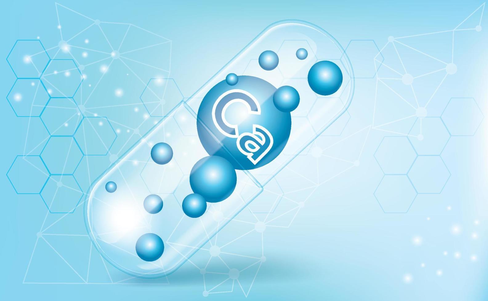 mineralen ca, calcium, vitamine in een doorschijnende capsule, macronutriënt, voedingssupplement op een blauwe achtergrond met kleurovergang, medische informatieposter. vector illustratie