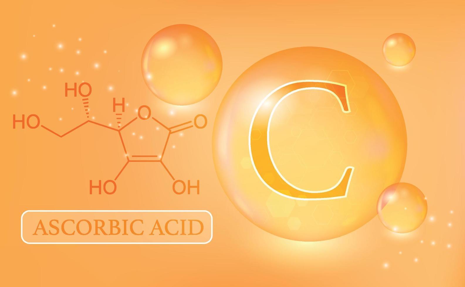 vitamine c, ascorbinezuur, waterdruppels, capsule op een oranje achtergrond met kleurovergang. vitaminecomplex met chemische formule. informatie medische poster. vector illustratie