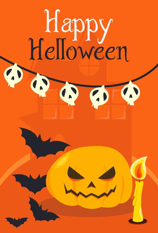 halloween-flyer voor de vakantiepompoen op een gele achtergrond met een kaars. vector illustratie
