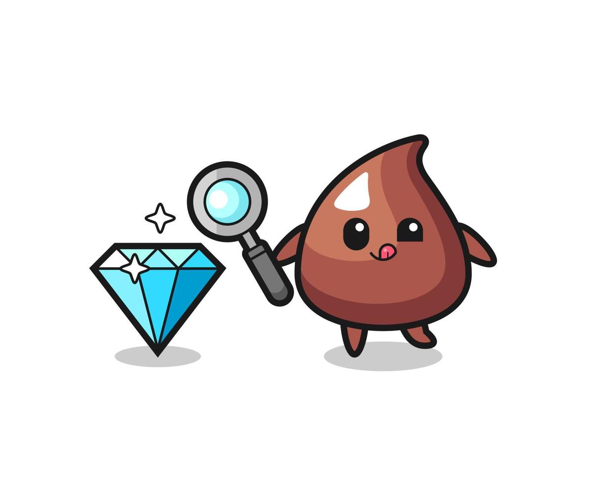 choco chip-mascotte controleert de echtheid van een diamant vector