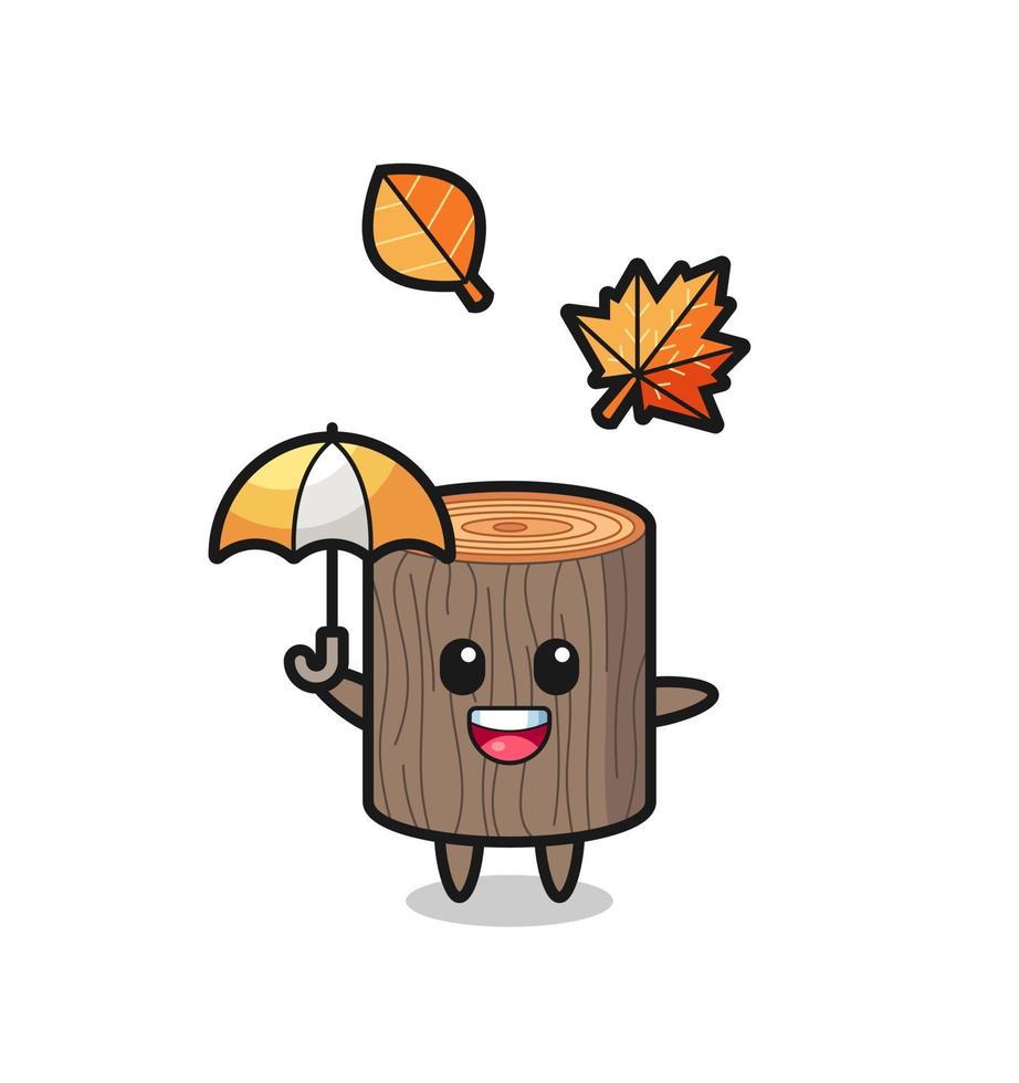 cartoon van de schattige boomstronk die een paraplu vasthoudt in de herfst vector
