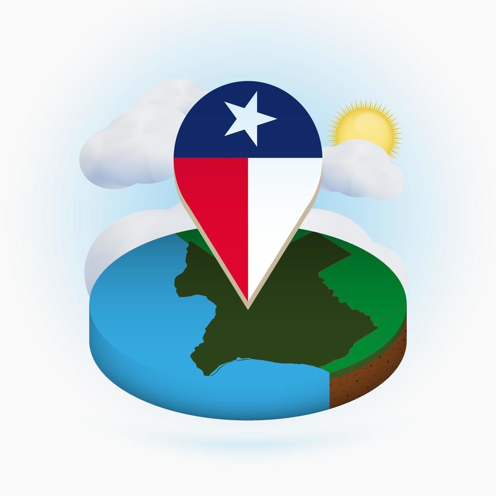 isometrische ronde kaart van ons staat texas en puntmarkering met vlag van texas. wolk en zon op de achtergrond. vector