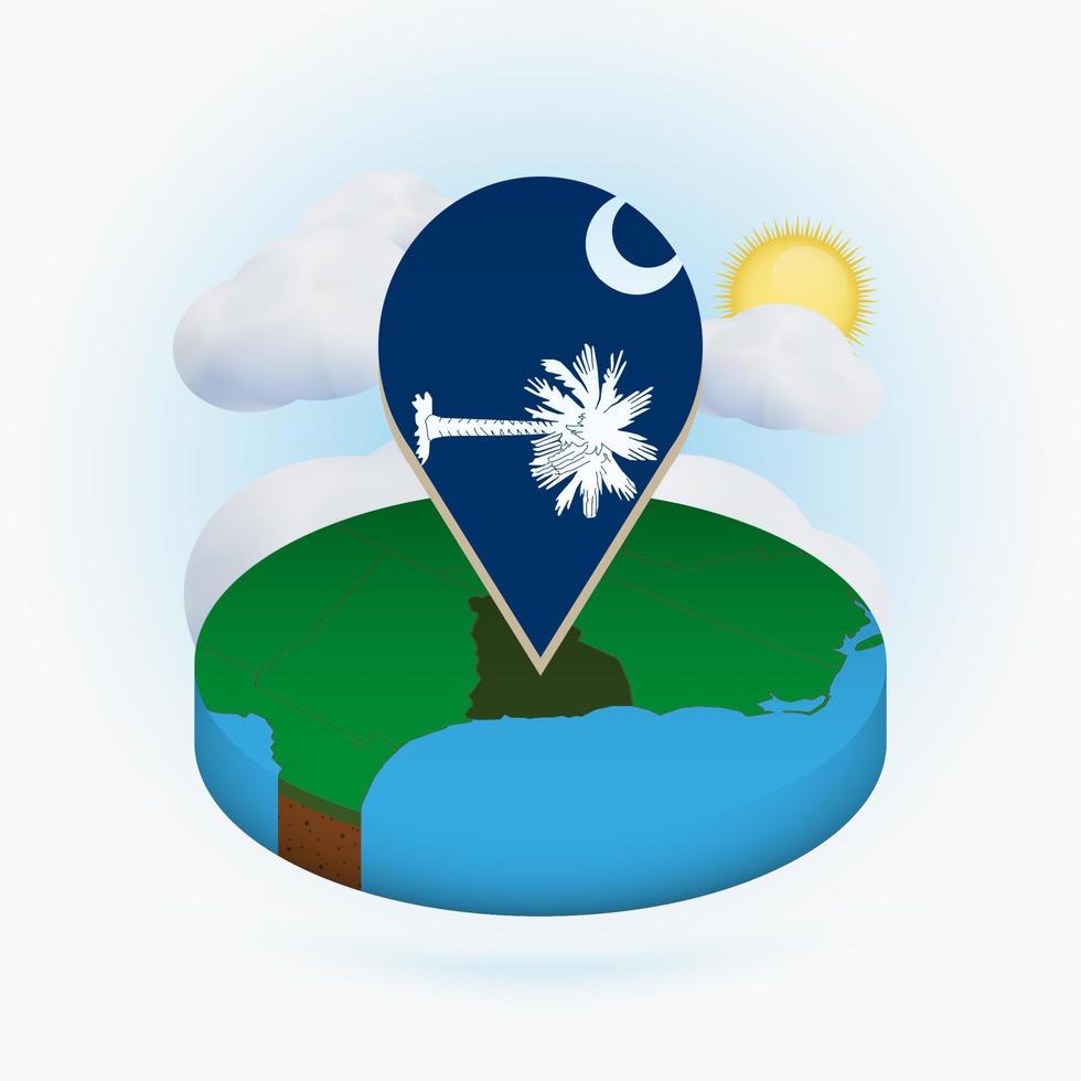 isometrische ronde kaart van ons staat Zuid-Carolina en puntmarkering met vlag van Zuid-Carolina. wolk en zon op de achtergrond. vector