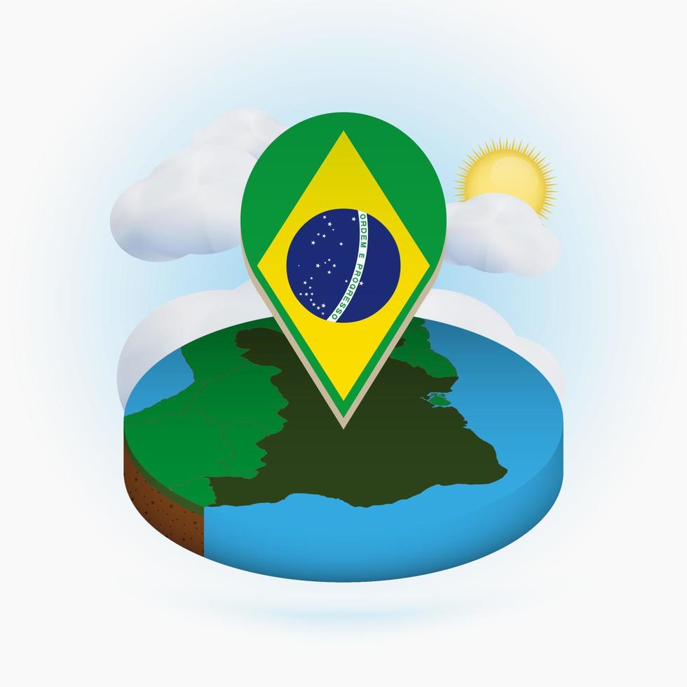 isometrische ronde kaart van brazilië en puntmarkering met vlag van brazilië. wolk en zon op de achtergrond. vector