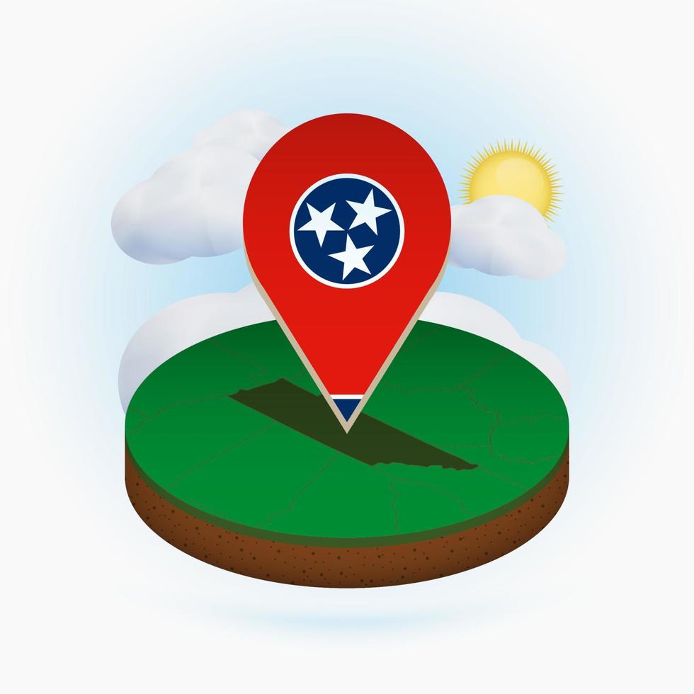 isometrische ronde kaart van ons staat tennessee en puntmarkering met vlag van tennessee. wolk en zon op de achtergrond. vector