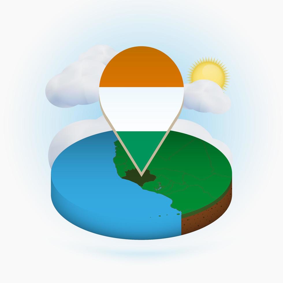 isometrische ronde kaart van ivoorkust en puntmarkering met vlag van ivoorkust. wolk en zon op de achtergrond. vector