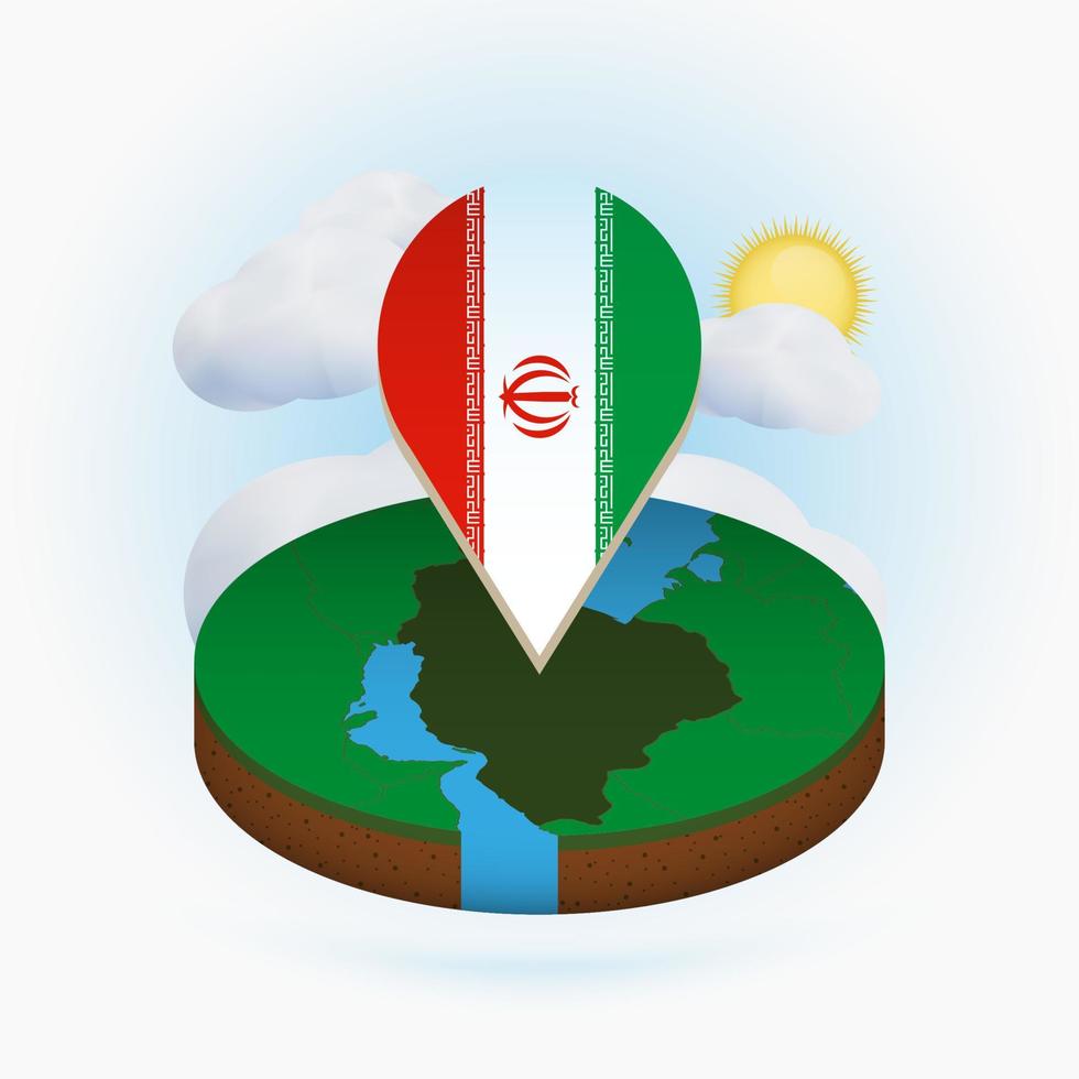 isometrische ronde kaart van iran en puntmarkering met vlag van iran. wolk en zon op de achtergrond. vector