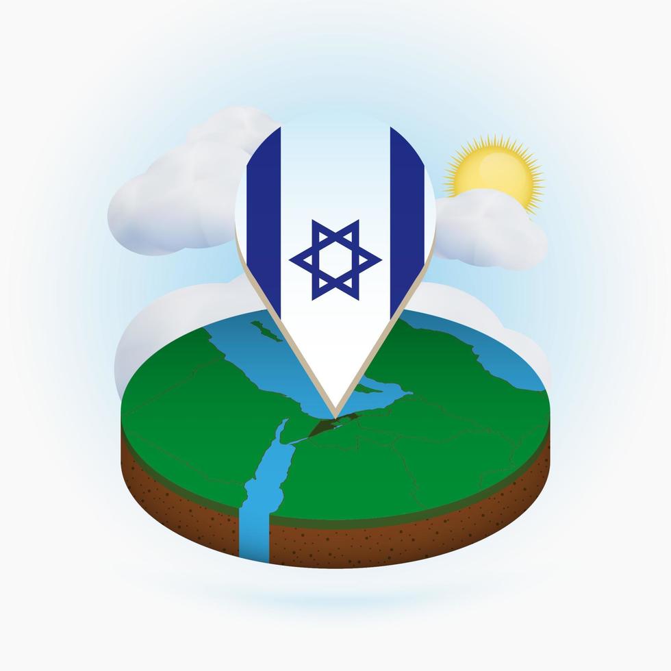 isometrische ronde kaart van Israël en puntmarkering met vlag van Israël. wolk en zon op de achtergrond. vector