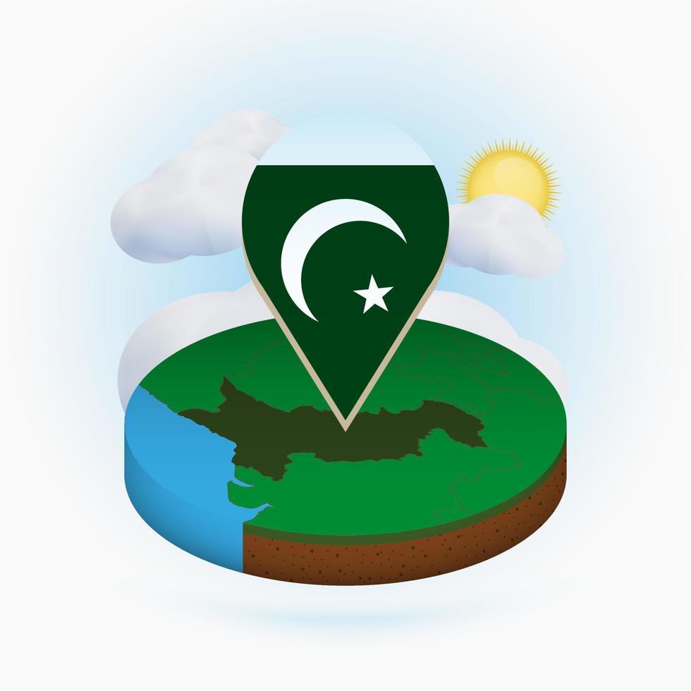isometrische ronde kaart van pakistan en puntmarkering met vlag van pakistan. wolk en zon op de achtergrond. vector