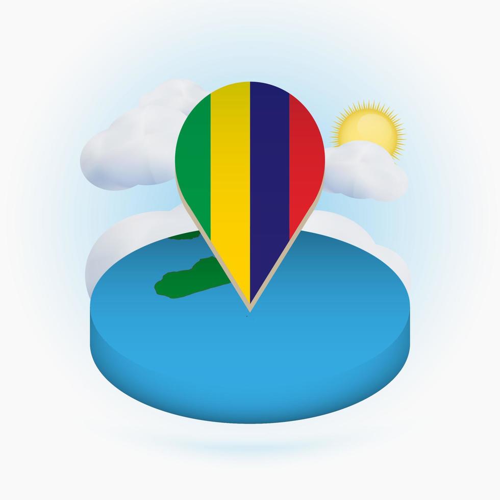 isometrische ronde kaart van Mauritius en puntmarkering met vlag van Mauritius. wolk en zon op de achtergrond. vector