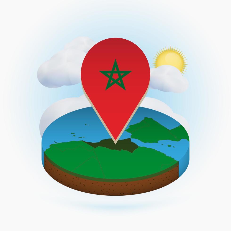isometrische ronde kaart van marokko en puntmarkering met vlag van marokko. wolk en zon op de achtergrond. vector