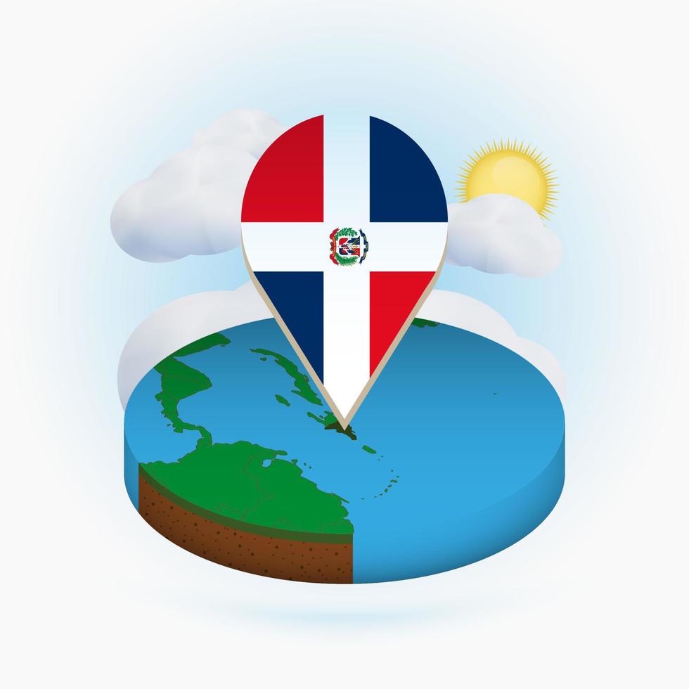 isometrische ronde kaart van dominicaanse republiek en puntmarkering met vlag van dominicaanse republiek. wolk en zon op de achtergrond. vector