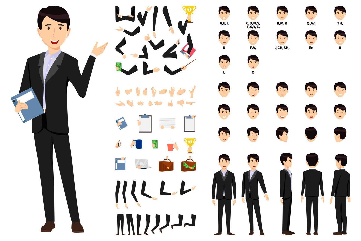 cartoon zakenman karakter staande met bestandsmap met animatie set met verschillende positie poses lippen sync voor mond animatie handen set benen set vector