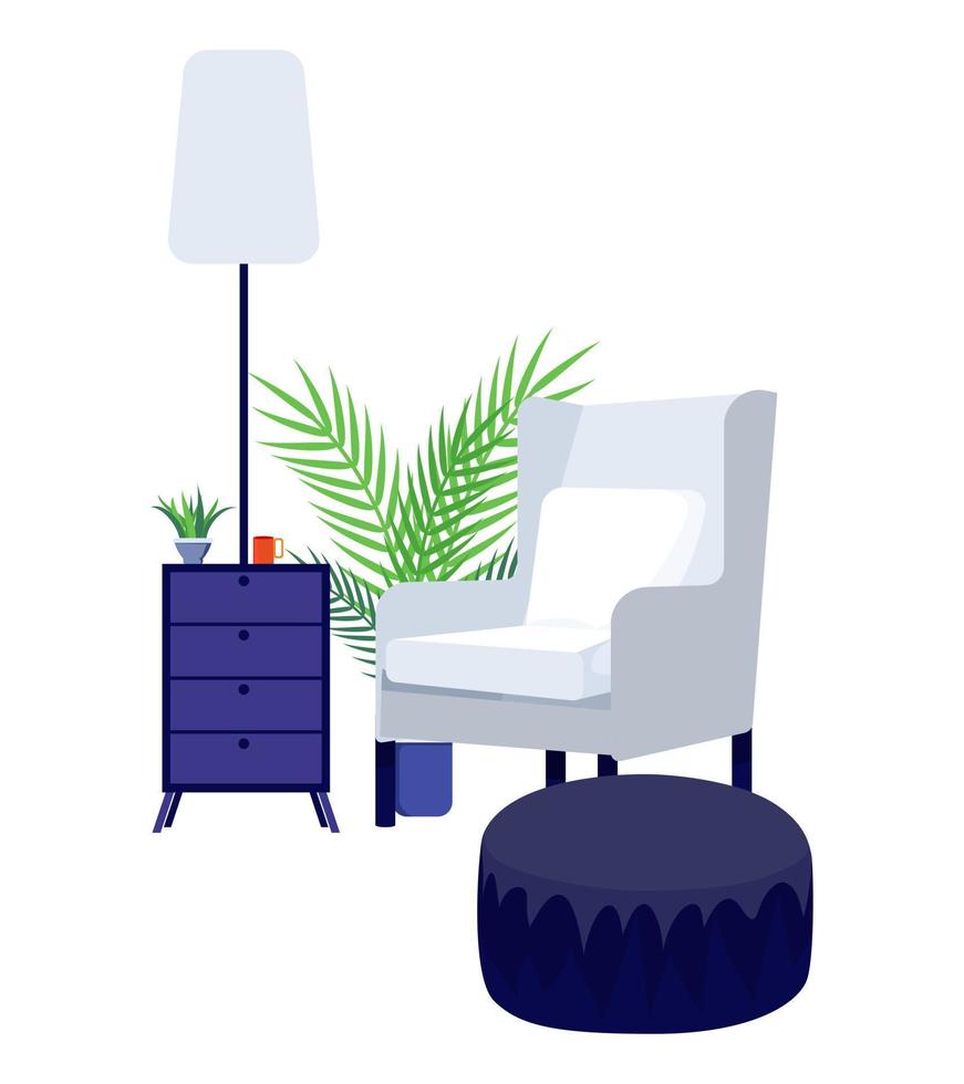 thuiskantoor freelancer werkplek illustratie met moderne fauteuil vloerlamp en met kast geïsoleerd vector