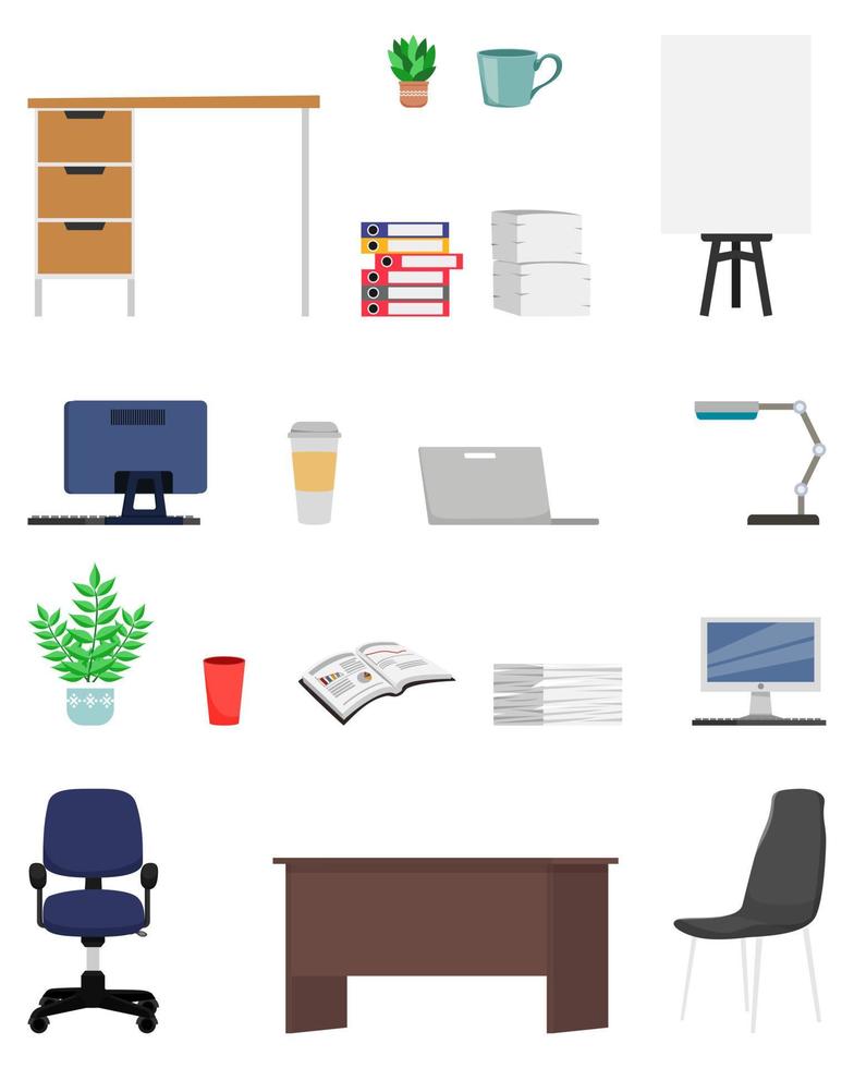kantoorapparatuur set met verschillende apparatuur bestanden map klembord wat papier stapel stoel tafel pc lamp vector
